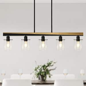 Modern 5-Light Black and Plated Brass Chandelier Kitchen Island Light with Cylinder Clear Glass Shades for Dining Room