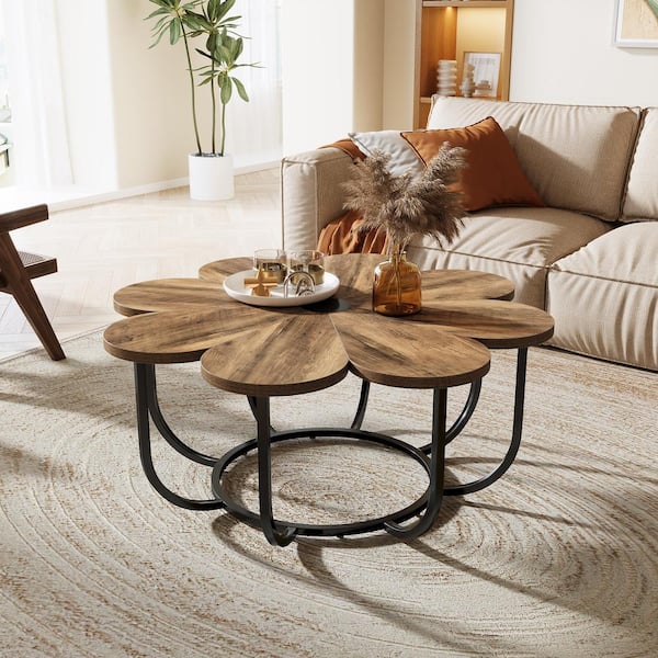 BYBLIGHT Kerlin 39.37 in. Rustic Brown and Black Round Wood Flower-Shaped Small Coffee Table with Metal Frame