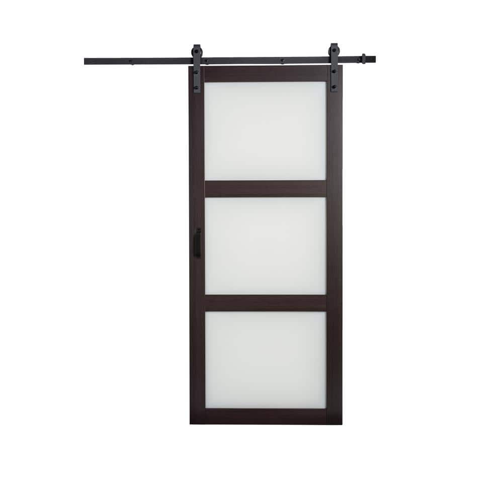 Espresso Frosted Glass 36'' x 84'' Barn Door with Black Hardware