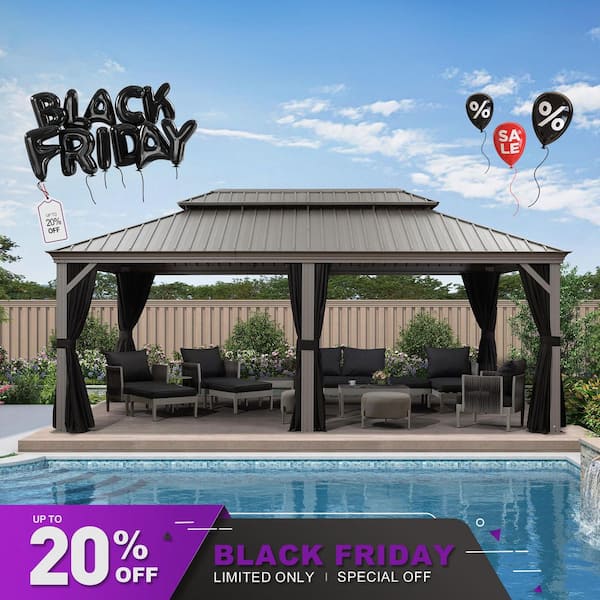 12 ft. x 20 ft. Luxury Aluminum Hardtop Gazebo Canopy for Patio Deck Backyard with Netting, Hooks, Upgrade Curtain