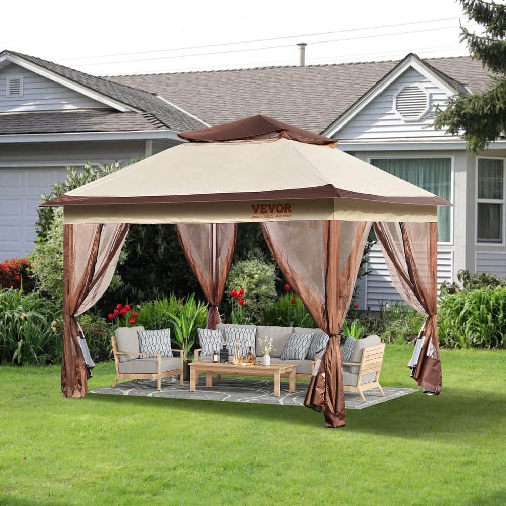 Brown 11x11 ft Pop-Up Gazebo with Mosquito Netting
