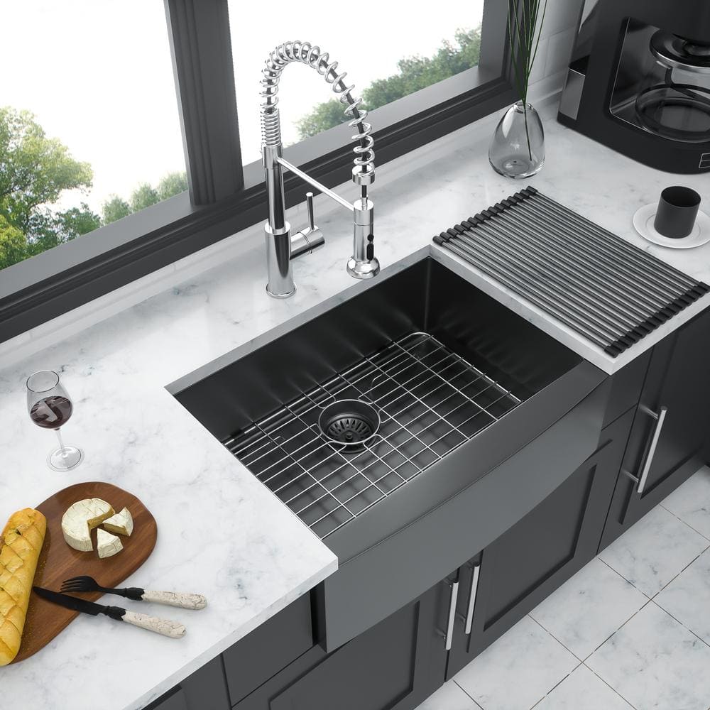 Gunmetal Black Stainless Steel Farmhouse Kitchen Sink with Accessories