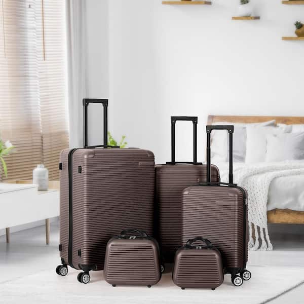 Luggage 5-Piece Sets, Horizontal Stripe Luggage Set with Spinner Wheels Durable Lightweight Travel Set Brown