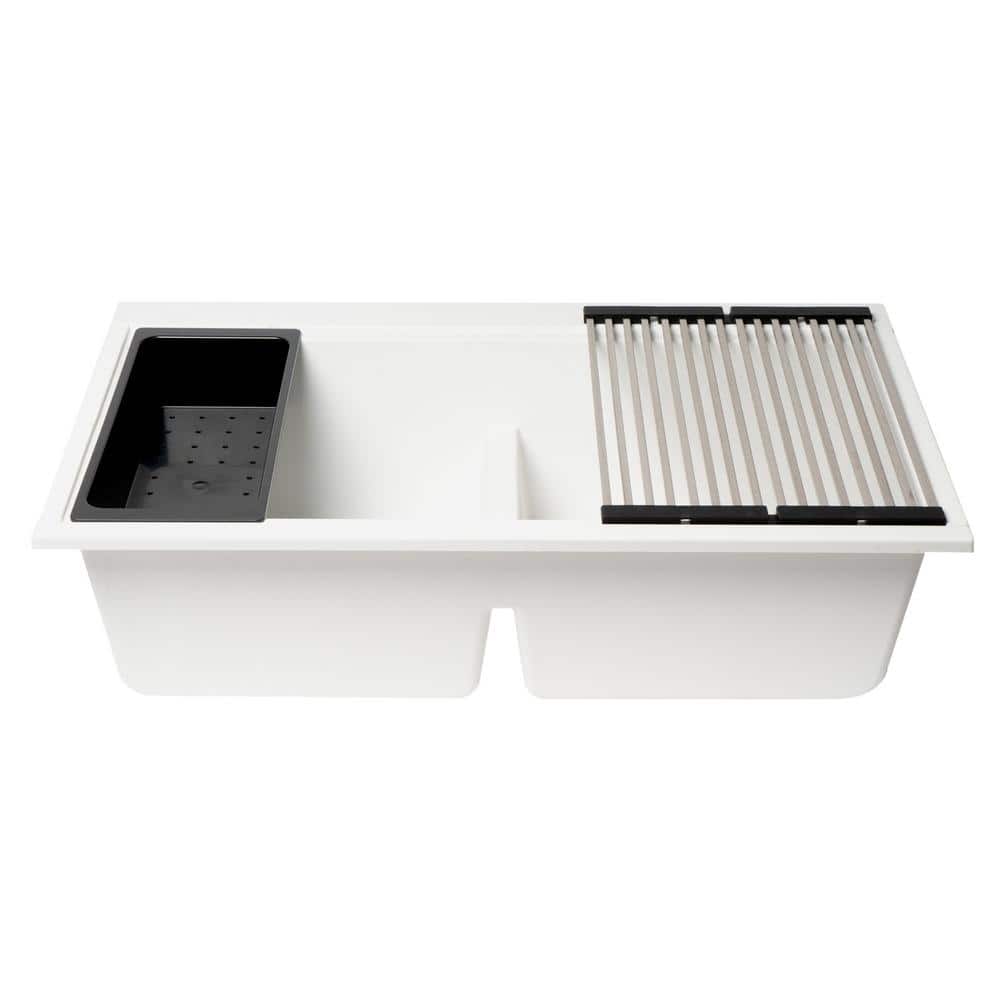 White Granite Composite Double Bowl Undermount Kitchen Sink
