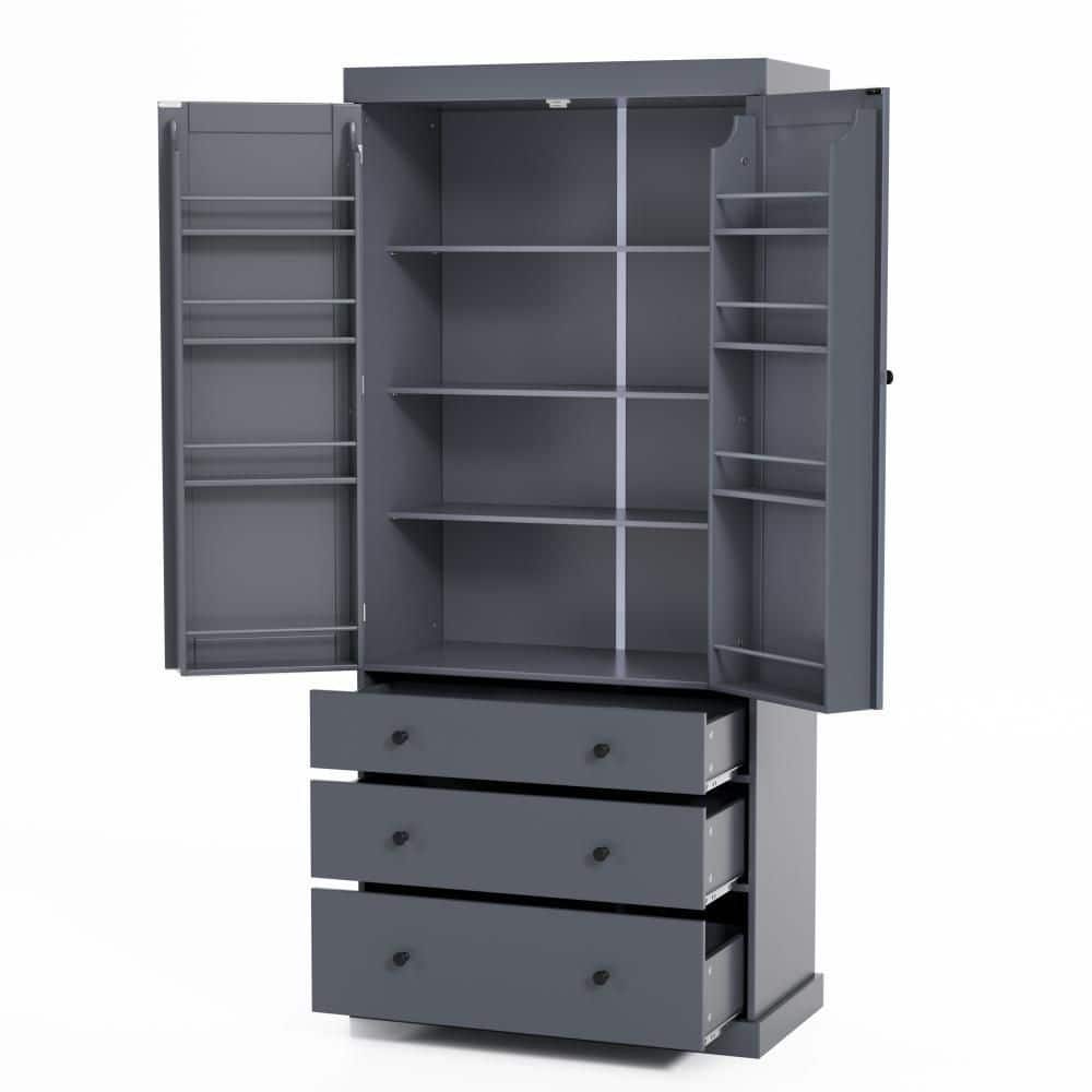 35 in. W x 17.7 in. D x 77 in. H in Gray Kitchen Pantry Organizer with 3-Adjustable Shelves, 3-Drawers, 8-Door Shelves