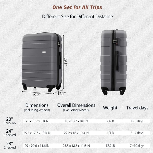 LIVACA 3-Piece Gray ABS Plastic Hardshell Lightweight Durable