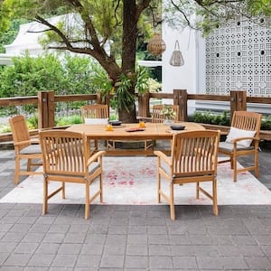 Rowlette 7 Piece Teak Wood Outdoor Dining Set with Beige Cushion