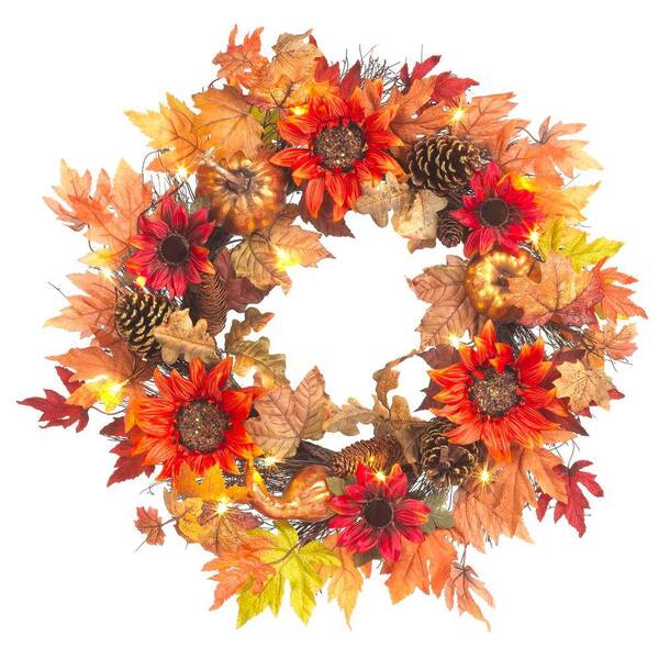 Home Accents Holiday 30 in. Pre-Lit Artificial Harvest Sunflower Wreath