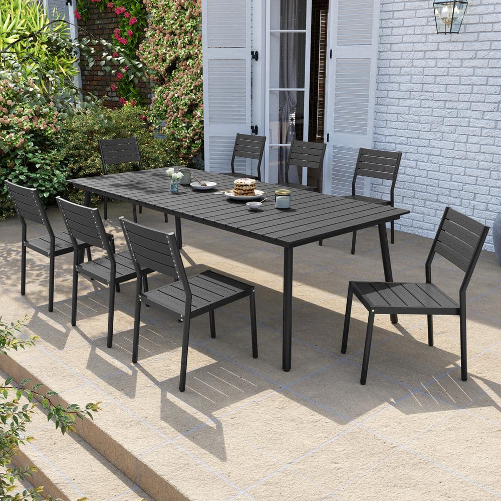 9-Piece Aluminum Outdoor Dining Set with Umbrella Hole and Stacking Armless Chairs, Black price history on PriceWatchPro