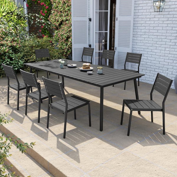 Pellebant 9-Piece Aluminum Outdoor Dining Set with Umbrella Hole and Stacking Armless Chairs, Black