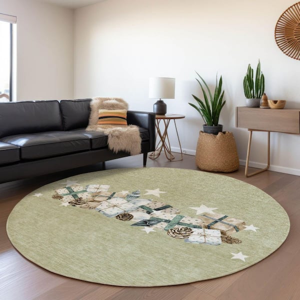 Chantille Machine Washable Indoor/Outdoor Abstract ACN1825 Aloe 8 ft. x 8 ft. Round Rug
