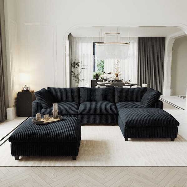 118 in. Square Arm Faux Rabbit Fur Velvet 5-Piece Free Combination Cloud Modular Sectional Sofa with Ottoman in. Black