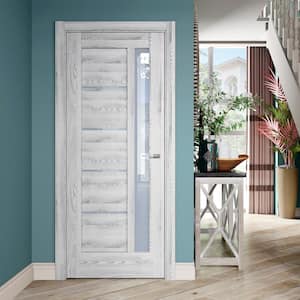 30 in. x 80 in. Pensacola Ice Maple Prefinished Frosted PC Glass 5-Lite Solid Core Wood Interior Door Slab No Bore