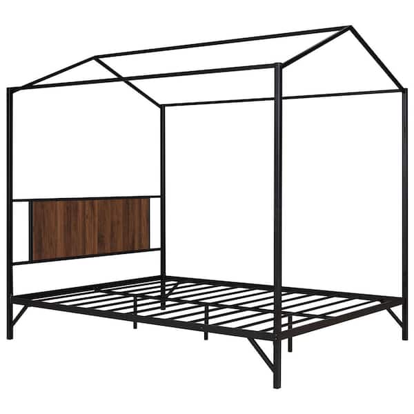 URTR Black Metal Frame Queen Size House Shape Platform Bed, House Bed with Headboard for Kids, Teens, Adults