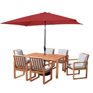 8 Piece Set, Weston Wood Outdoor Dining Table Set with 6 Cushioned Chairs, 10-Foot Rectangular Umbrella Red