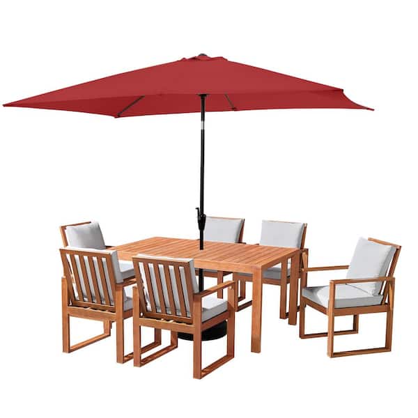 Alaterre Furniture 8 Piece Set, Weston Wood Outdoor Dining Table Set with 6 Cushioned Chairs, 10-Foot Rectangular Umbrella Red