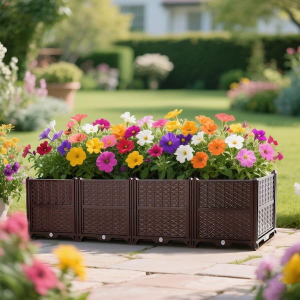 Unbranded Brown Plastic Rectangular Outdoor Raised Garden Bed Planter Grow Box for Fresh Vegetables, Herbs, Flowers and Succulents