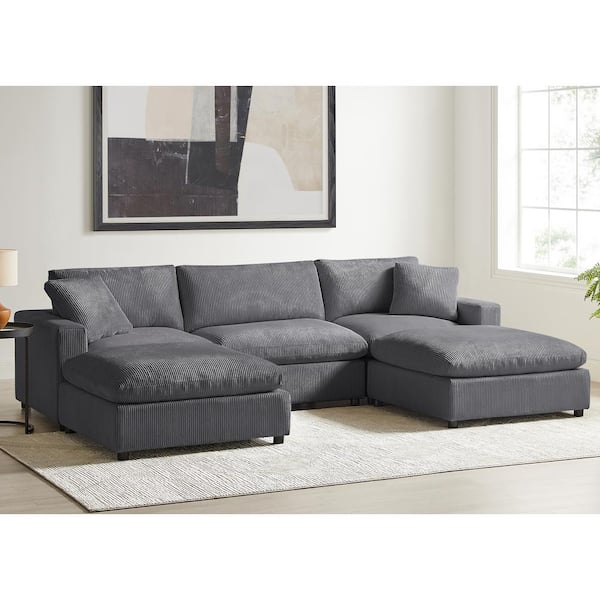 Casella 120 in. Square Arm 5-Piece Corduroy Fabric Modular Chofa Sectional Sofa in Charcoal