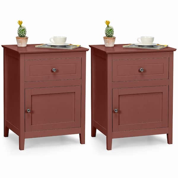 Costway 2-Piece Cherry Nightstand Drawer Accent Side End Table Storage Cabinet (25 in. H x 19 in. W x 15 in. D)