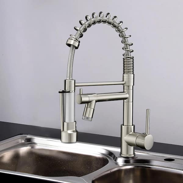 LED Single Handle Pull Down Sprayer Kitchen Faucet with 2-Spouts in Brushed Nickel