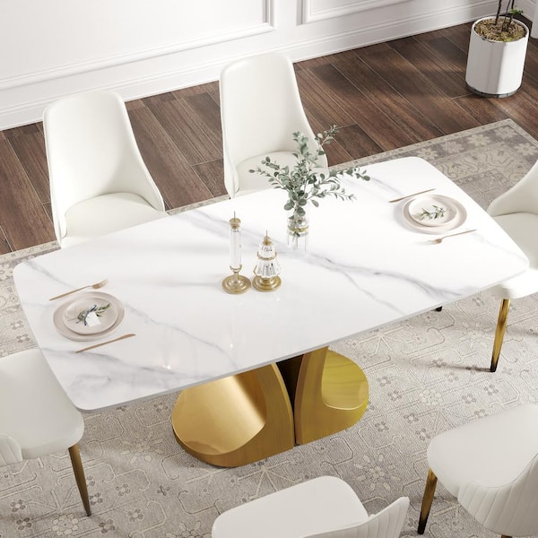 Magic Home 70.8 in. White Rectangle Round Edge Sintered Stone Top Pedestal Pandora Gold Metal Base Dining Table (Seats-8)