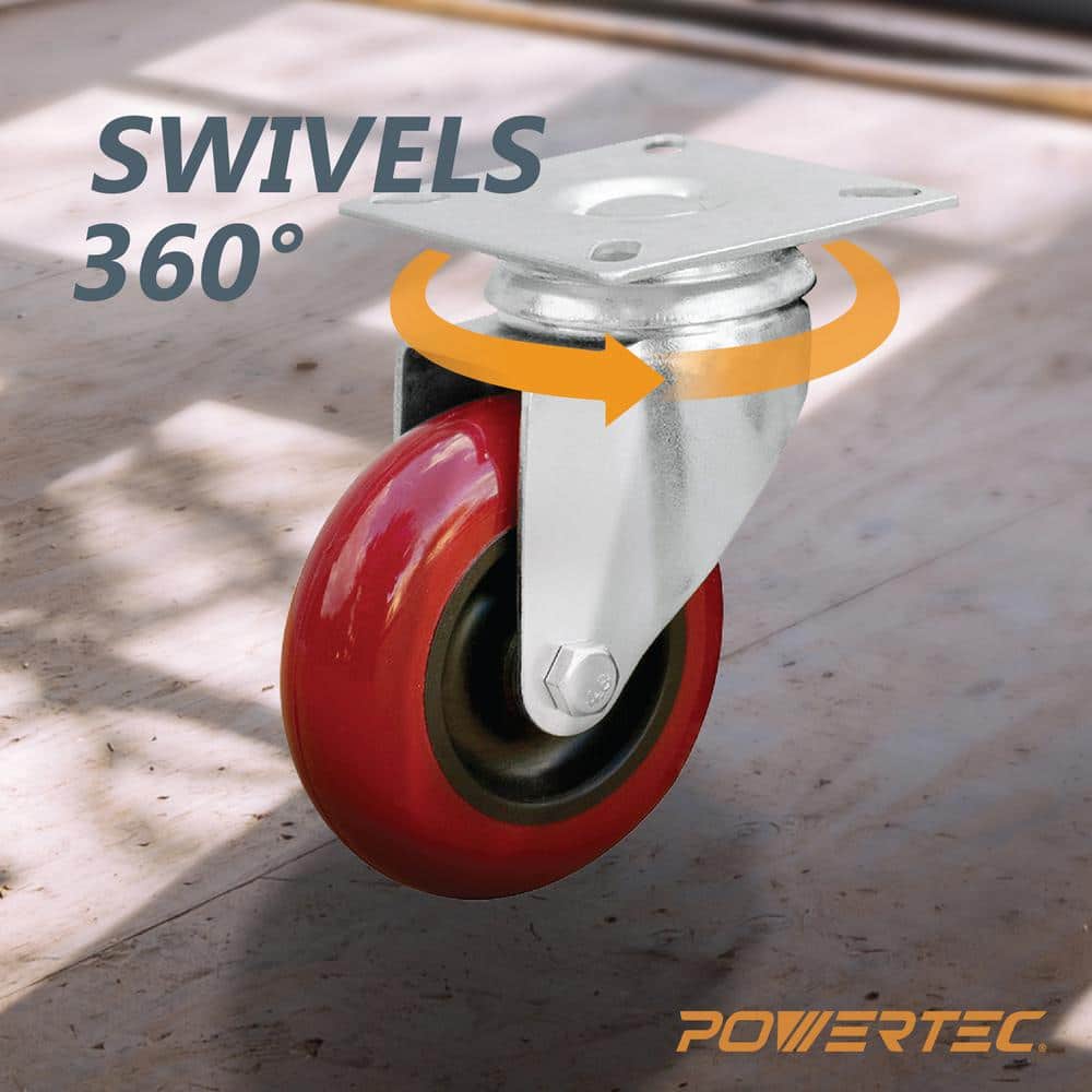 POWERTEC 3-Inch Red Polyurethane Swivel Plate Caster Wheels, Set of 4