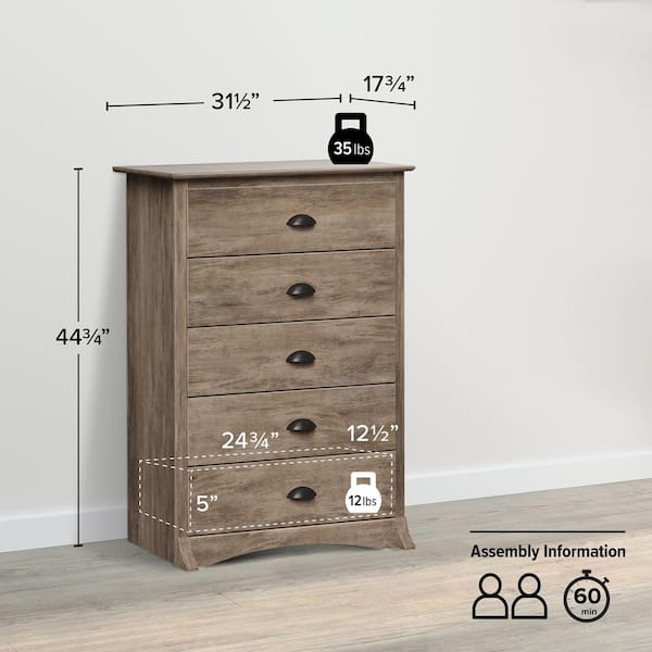 Prepac Salt Spring Drifted Gray 5 Drawer Dresser 31.5 in. Chest of Drawers Tall Dresser for Bedroom Dresser for Clothes Storage DDC 3345 The Home Depot