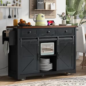 Black Wood 54 in. Kitchen Island with 5 Wheels and 3 Drawers, Towel Rack, Drop Leaf, Power Outlet