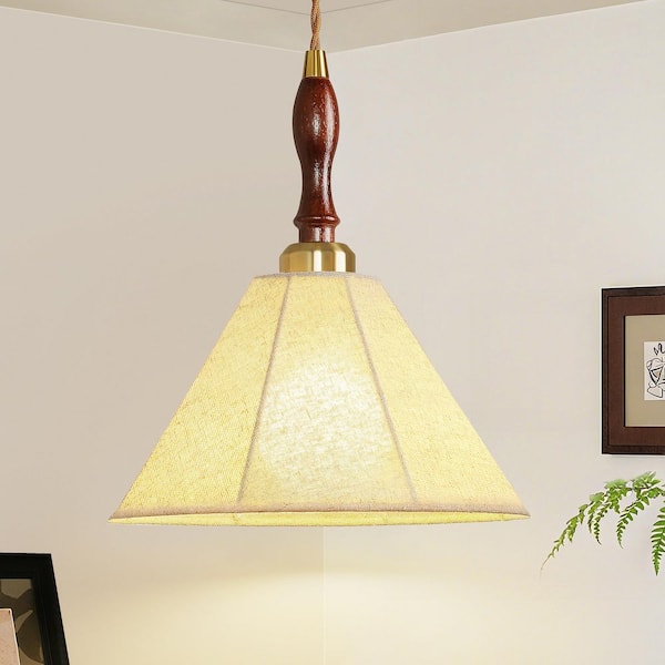 60-Watt 1-Light Vintage Walnut Pendant Light with Fabric Shade Adjustable Height Cone Hanging Lamp For Kitchen Island