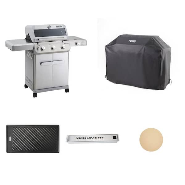 Mesa 3-Burner Stainless Steel Grill with LED Controls, 57 in. Cover, Cast Iron Plate, Smoke Box and Pizza Stone Combo