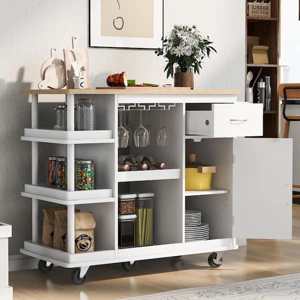 FAMYYT Multipurpose White Rubber Wood Tabletop 40 in. Kitchen Island with Adjustable Storage Shelves and Wine Rack