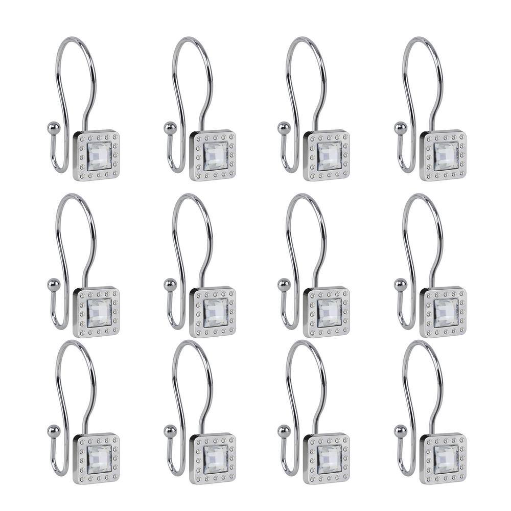 Chrome Double Shower Curtain Hooks with Crystal Design, Set of 12