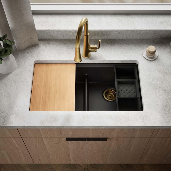 Lassen 33 in. Drop-in Double Bowl Granite Composite Kitchen Workstation Sink in Matte Black with Accessories