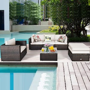 6-Piece Wicker Patio Conversation Set Sofa Chair Ottoman with White Cushions