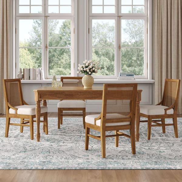 Lara Beige, Walnut Fabric Upholstered Dining Chairs with Natural Cane Back, Rubber Wood Legs (Set of 4)