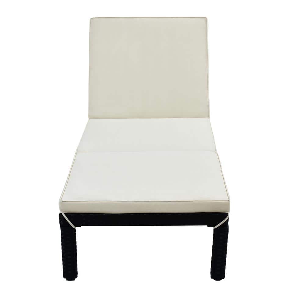 Black Frame 1-Piece Metal Wicker Outdoor Chaise Lounge with Beige Cushions