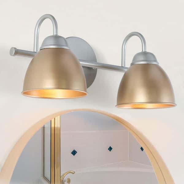Uolfin 15 in. Modern Wall Sconce, 2-Light Transitional Gold and Silver Bathroom Vanity Light with Metal Bowl Shade