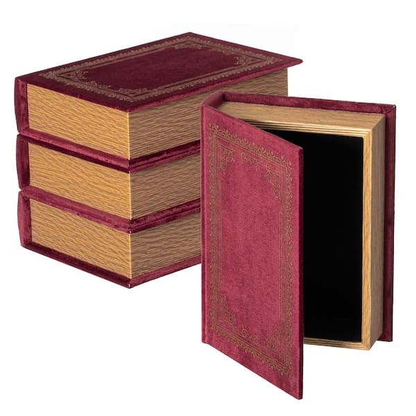 Set of 4 Decorative Vintage Book Shaped Trinket Storage Box, Red