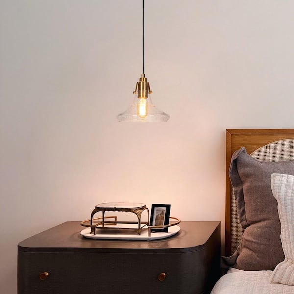 Modern 1-Light Plating Brass Pendant Light with Seeded Glass, Black Kitchen Island Hanging Light, Mini-Pendant Light