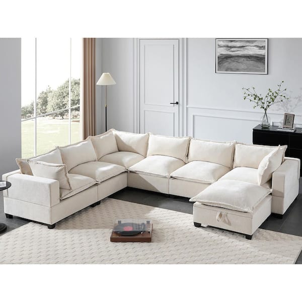 117.5 in. Chenille Modular Sectional Sofa in Beige with Movable Storage Ottoman