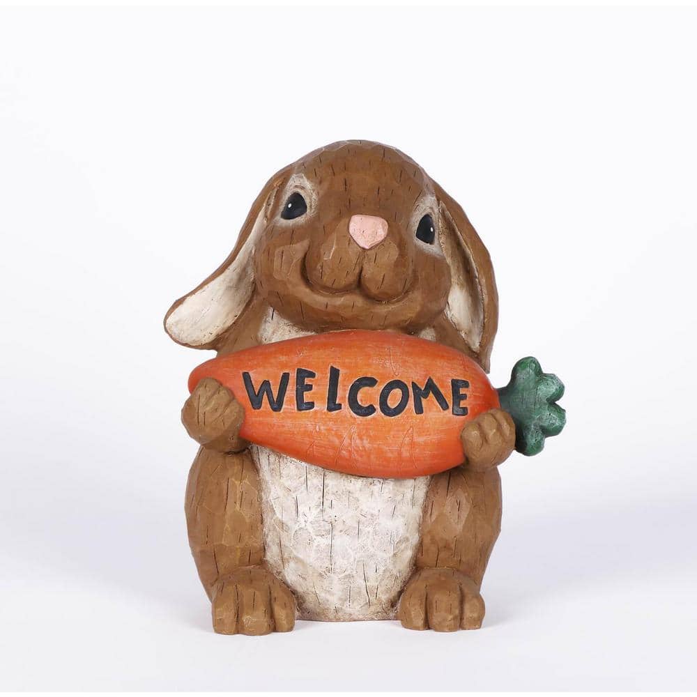 Brown Polyresin Rabbit Holding Carrot Welcome Sign Statue