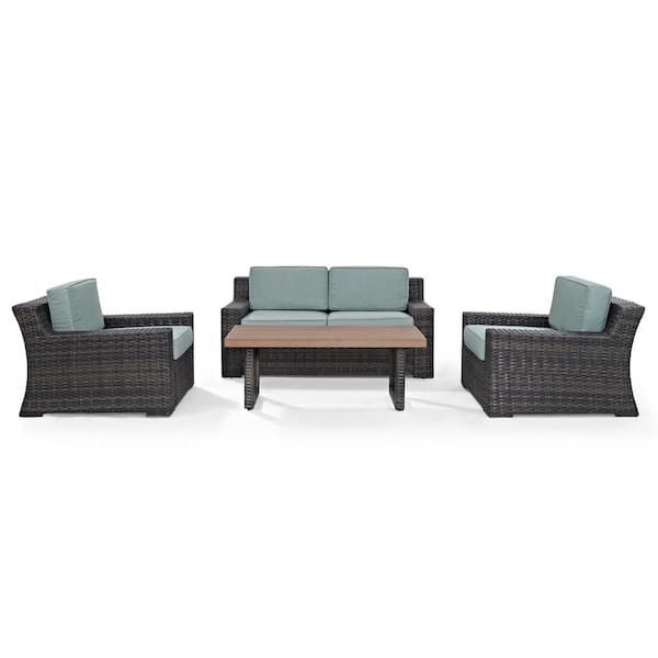 CROSLEY FURNITURE Beaufort 4-Piece Wicker Patio Outdoor Seating Set with Mist Cushion - Loveseat, 2-Chairs, Coffee Table