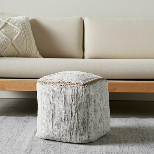 18 in. Gray and Natural Cotton and Jute Cube Pouf Ottoman