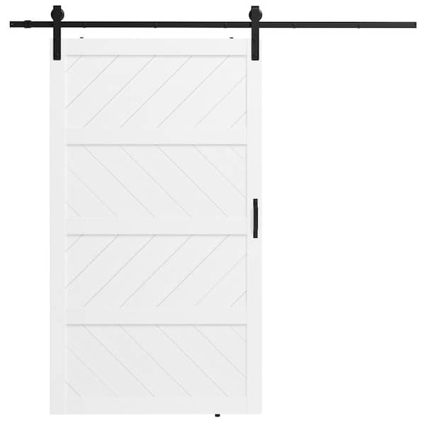 TENONER 48 in. x 84 in. White, MDF, 4-Panel Paneled Wave Water-Proof PVC Surface Wood Sliding Barn Door with Hardware Kit