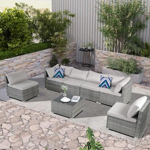 Gray 7-Piece Wicker Outdoor Patio Conversation Set Sectional Set with Gray Cushions, Storage Box, Table