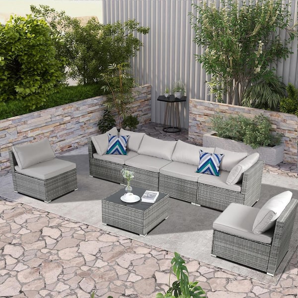 Unbranded Gray 7-Piece Wicker Outdoor Patio Conversation Set Sectional Set with Gray Cushions, Storage Box, Table