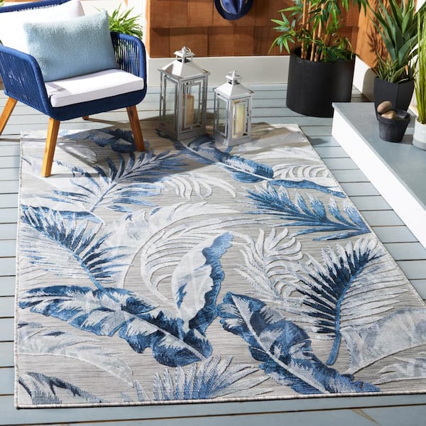 Cabana Gray/Navy 9 ft. x 12 ft. Multi-Leaf Gradient Indoor/Outdoor Area Rug