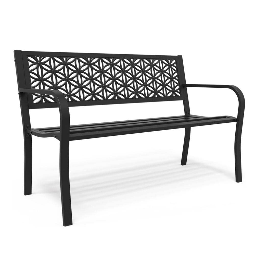 50 in. Metal Outdoor Bench with Floral Back