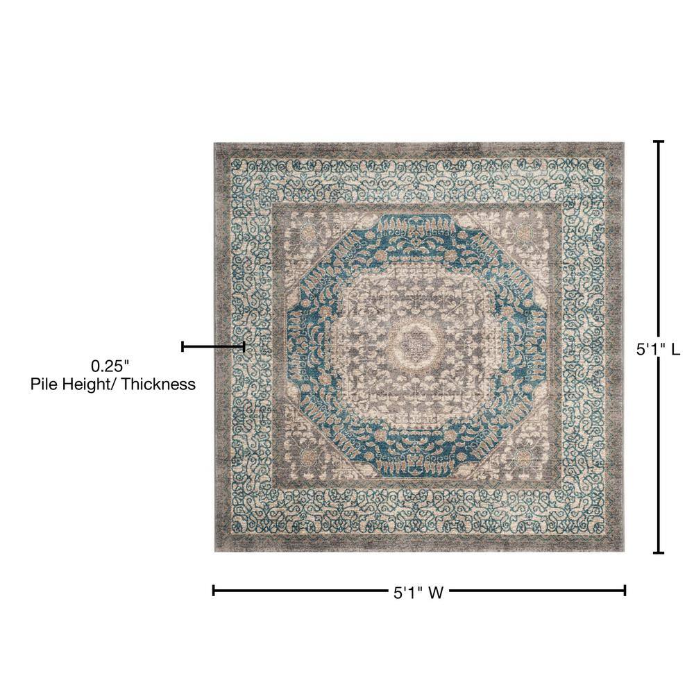 Light Grey and Blue Floral Motif Square Area Rug