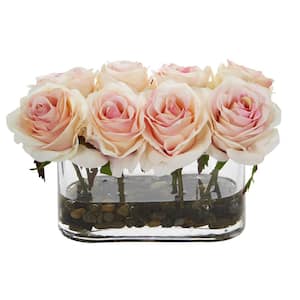 5.5 in. High Light Pink Roses Blooming Roses in Glass Vase Artificial Arrangement